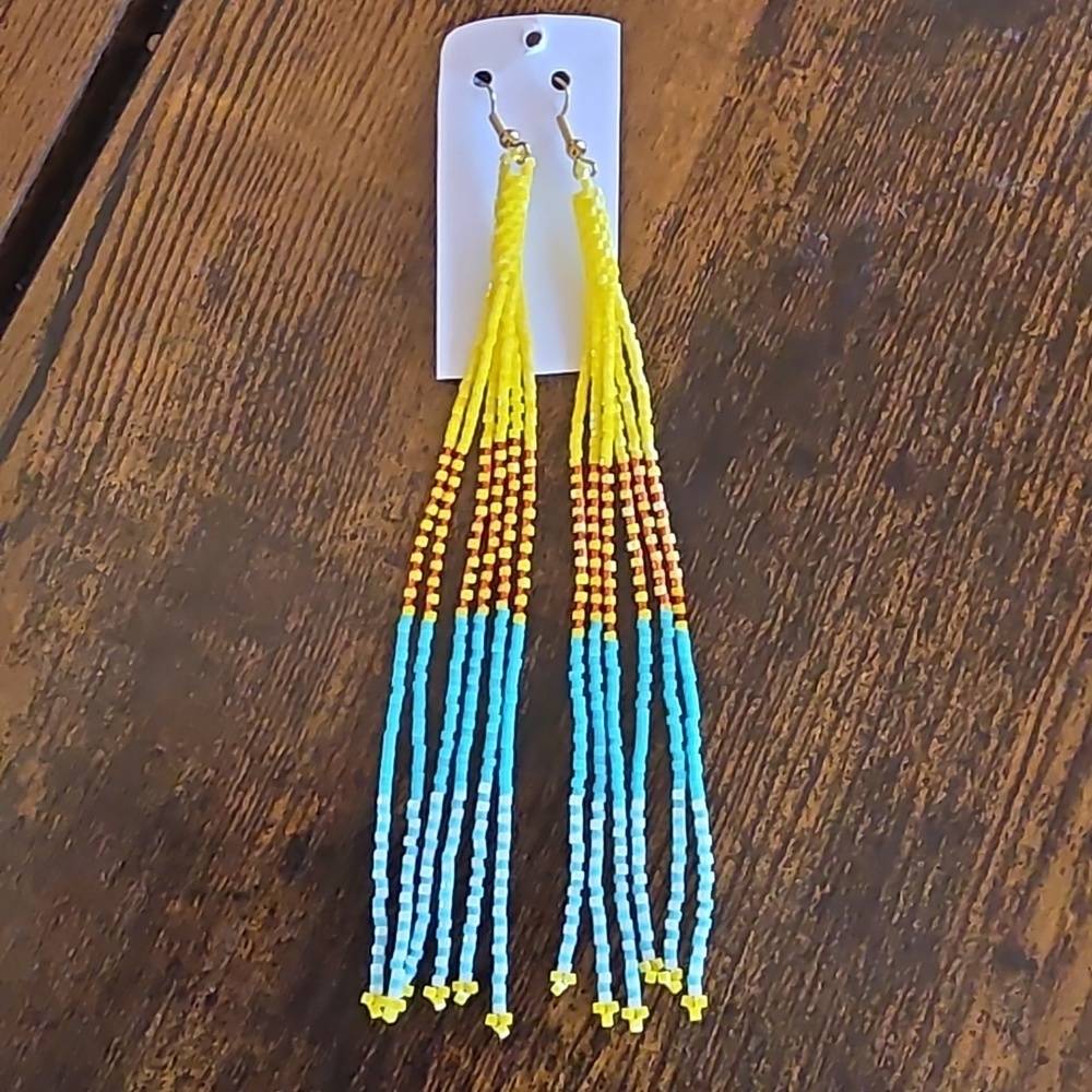 Handmade Yellow Long Tassel Colorful Beaded Dangle Earrings